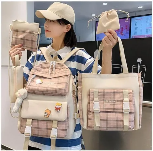 Vista 2 de Mochila Kawaii a cuadros para mujer, 5 unidades, con colgante de oso, bolsa de libros para el regreso a clases, bolsa de viaje casual, Rosado