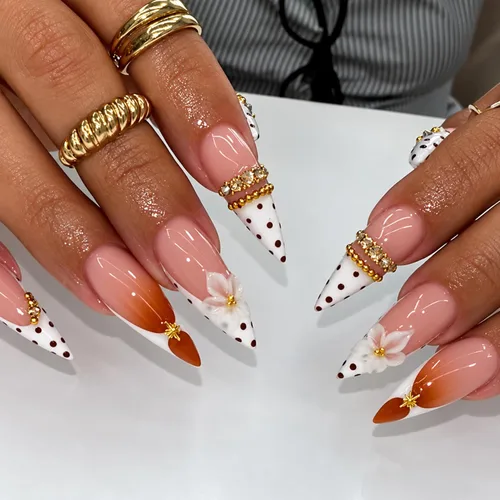 Vista 10 de Uñas postizas largas a presión, color negro, diseño francés y floral, 24
