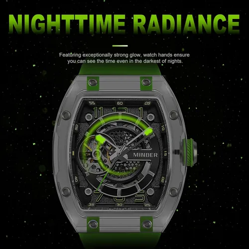 Vista 5 de MINBER Reloj automático de esqueleto, esfera de 1.693 in con manecillas luminosas, reloj de cuerda automática, resistente al agua 3 ATM, plástico