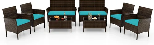 Vista 28 de RELAX4LIFE Juego de muebles de patio de 4 piezas – Juego de muebles de ratán para conversación al aire libre con cojines, mesa de centro de cristal
