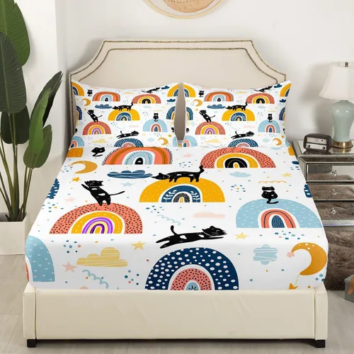 Vista 2 de Erosebridal Sábana bajera ajustable de tamaño individual para niños y niñas, diseño colorido de nube, estrellas, luna, lindo juego de ropa de cama