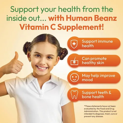 Vista 4 de Human Beanz Gomitas de gelatina de vitamina C para niños, suplementos dietéticos de apoyo inmunológico, vegetariano, 120 granos de gelatina Citrus