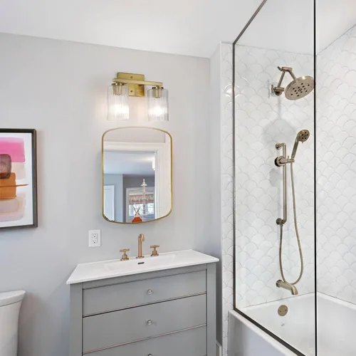 Vista 3 de 2 luces de tocador de baño de oro cepillado sobre el espejo, iluminación moderna con pantalla de vidrio texturizado, accesorios de iluminación