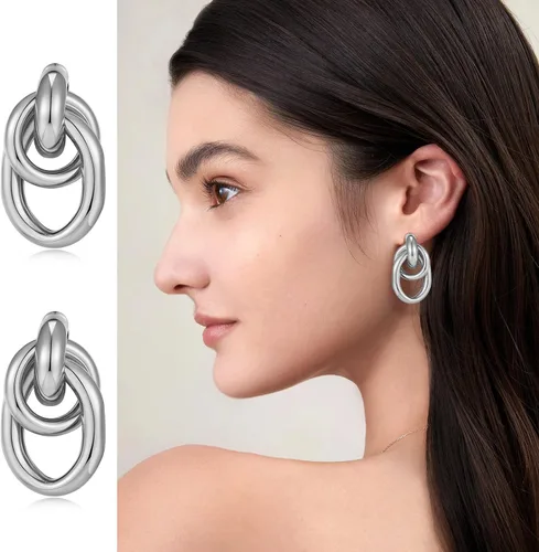 Vista 4 de Aretes colgantes geométricos dorados para mujer, aretes colgantes de eslabones largos