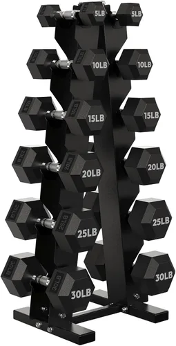 Vista 21 de HANDBODE Juego de mancuernas hexagonales recubiertas de goma con estante de marco en A, 100 libras - 600 libras, múltiples opciones