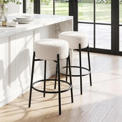 Vista 10 de Juego de 2 taburetes de bar modernos de altura de mostrador, taburetes de bar giratorios negros Boucle para isla de cocina, cómodas sillas tapizadas