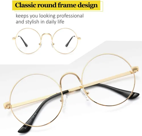 Vista 3 de Gafas redondas de metal retro con montura de lente transparente sin receta médica para mujeres y hombres, Negro