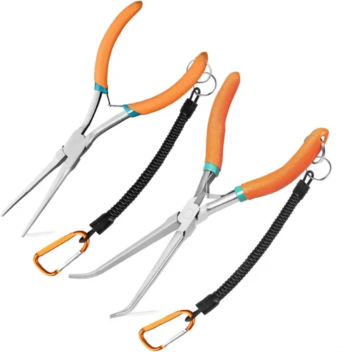 Vista 9 de Alicates de punta de aguja de largo alcance de 7 pulgadas, alicates finos de punta de aguja extra larga Serrated Jaw, Curved Handle, Lanyard