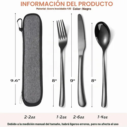 Vista 2 de MURRI&MURRDI Juego de cubiertos de viaje de acero inoxidable para 1, juego de cubiertos reutilizables con estuche, juego de cubiertos de campamento