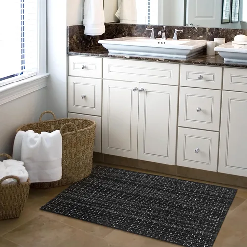Vista 6 de Alfombra de baño estilo bohemio, 2 x 3 pies, alfombra de algodón tejida a mano para entrada, reversible, lavable, alfombra estilo granja, color Negro