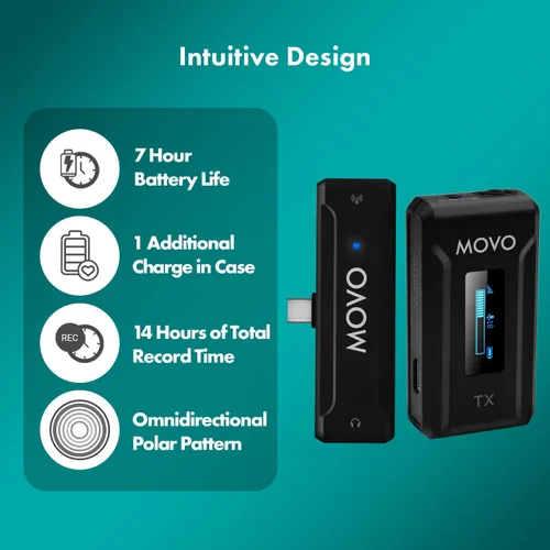 Vista 4 de Movo WMX-2-C Micrófono inalámbrico para dispositivos USB-C, sistema de micrófono inalámbrico Lavalier con estuche de carga, micrófono de solapa