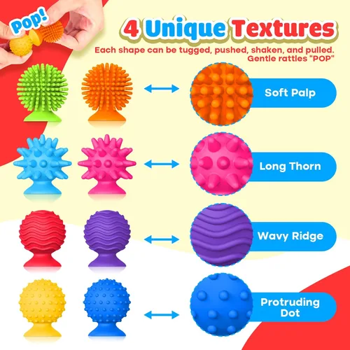 Vista 5 de Juguetes sensoriales para niños y adultos: juguetes con ventosa texturizada para autismo - Sensorial blandito para baño en el aula - Juego de 8