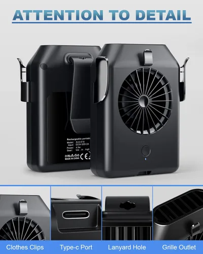 Vista 7 de Stsase Ventilador portátil de 10000 mAh recargable, mini ventilador de cintura con máximo tiempo de trabajo de 24 horas, 3 velocidades, 5100 rpm