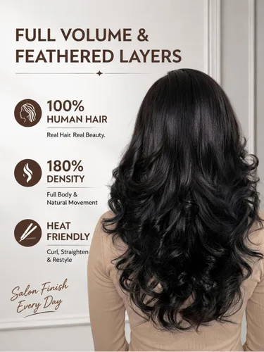 Vista 3 de UNICE Bye Bye Slip Peluca de Capas Emplumadas con Raya Lateral de Cabello Humano Sin Pegamento con Tiras de Silicona Seguras y Cordón Densidad 200%