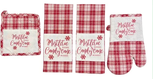 Vista 9 de Paños de Cocina y Agarraderas Navideños - Juego Alegre de Navidad de 4 Piezas 100% Algodón Verde Rojo Blanco - Dos (2) Paños de Cocina, Un (1)