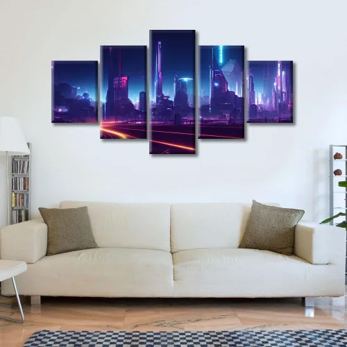 Vista 52 de Cuadros de 5 paneles de Cyberpunk City, arte de pared, representación de vallas publicitarias, edificios modernos en la capital con obras de arte