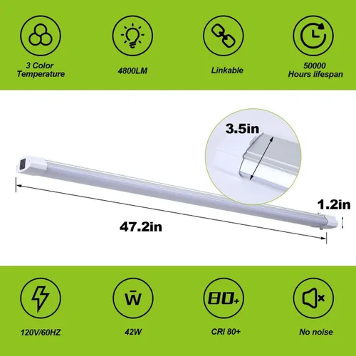 Vista 3 de Paquete de 1 luz LED de tienda de 4 pies, 48 W, luz LED enlazable de tienda para garaje, 3000 K, 4000 K y 5000 K, lámpara de techo integrada