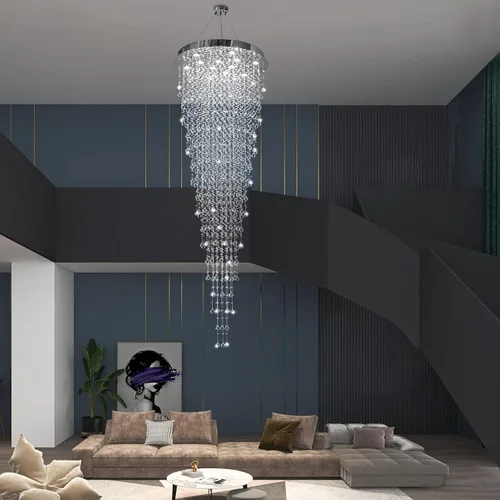 Vista 7 de Candelabro de escalera de cristal contemporáneo, lámpara colgante de suspensión para escalera, techo alto, vestíbulo, entrada, 32 pulgadas de ancho