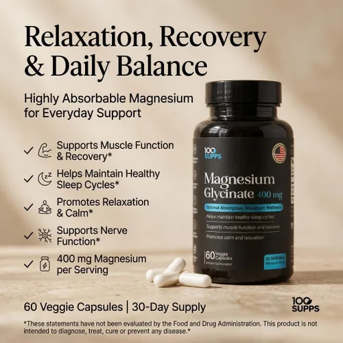 Vista 2 de Glicinato de magnesio 400 mg – 60 cápsulas Suministro para 30 días Magnesio quelado para apoyo muscular, nervioso y sueño Vegano, sin gluten