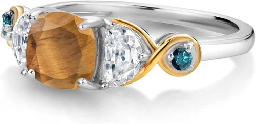 Vista 3 de Gem Stone King Cojín de anillo de 3 piedras de plata 925 y oro amarillo de 10 quilates, ojo de tigre, media luna, moissanita creada y diamante azul