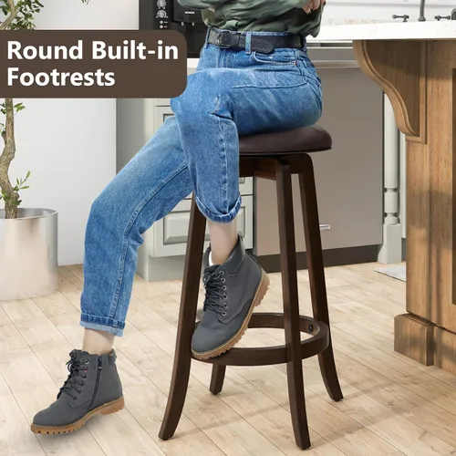 Vista 7 de COSTWAY Juego de 2 taburetes de bar giratorios de 29 pulgadas, taburetes de bar tapizados con asiento de piel sintética y patas de madera de goma