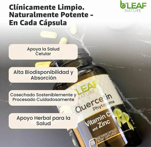 Vista 6 de B'LEAF NATURE Fitosoma de quercetina, 120 cápsulas – 1000 mg de quercetina de alta absorción con vitamina C y zinc – Suplemento de quercetina