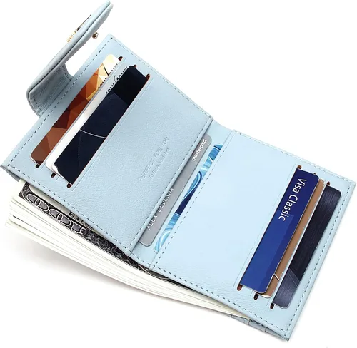 Vista 3 de GEEAD Carteras pequeñas para mujer delgadas y plegables para tarjetas de crédito, minimalista con bolsillo para monedas., Azul Patchwork