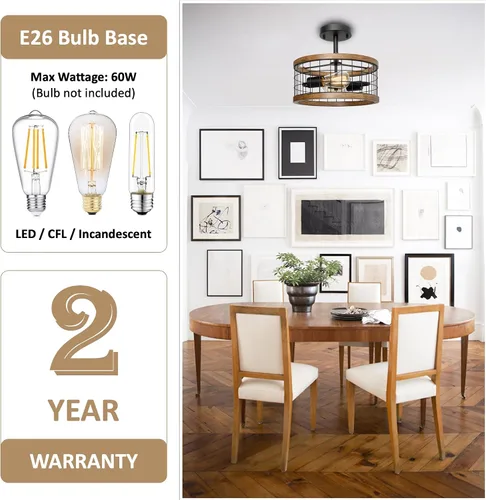 Vista 2 de 2-Luz Lámpara de Techo de Granja con Montura Semi Empotrada, Lámpara de Techo de Madera Rústica para Pasillo, Cocina, Entrada, Vestíbulo