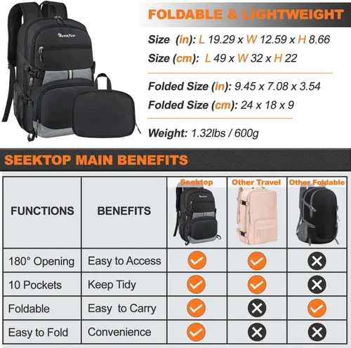 Vista 6 de Seektop Mochila de viaje ligera para hombres y mujeres, múltiples bolsillos 40L, mochila de senderismo plegable, Negro, Grande