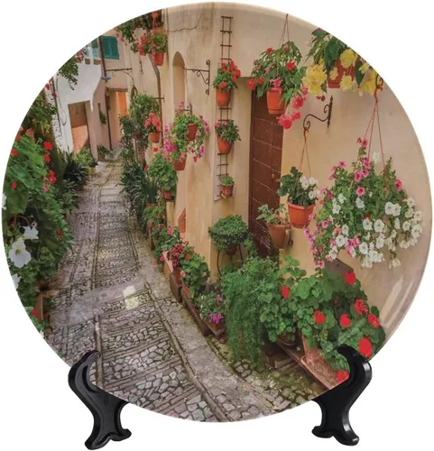 Vista 56 de Plato decorativo colgante de cerámica con temática de paisaje, plato decorativo redondo de plantas en maceta, con soporte decorativo, para sala