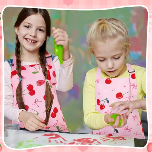 Vista 6 de Paquete de 2 delantales para niños, bonitos delantales de cocina, delantal de arte impermeable con bolsillos, delantal ajustable para pintores