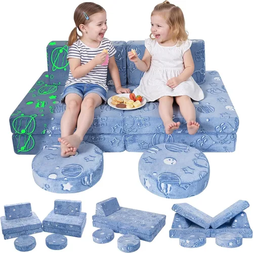 Vista 10 de Sofá modular para niños MeMoreCool – Sofá de dinosaurio de 8 piezas que brilla en la oscuridad para niños pequeños convertible en fuerte constructor