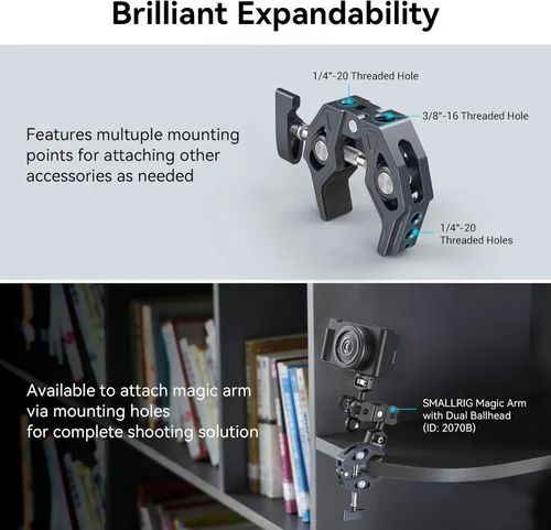 Vista 3 de SMALLRIG Abrazadera en forma de cangrejo, soporte para cámara, 1/4"-20, 3/8"-16 agujeros roscados, carga útil de 7.7lbs/3.5kg, compatible