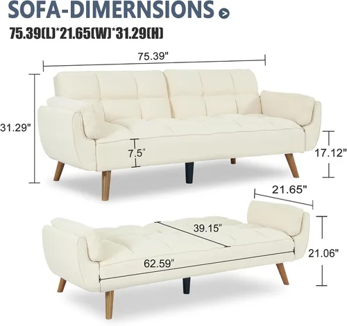 Vista 2 de Sofá cama tipo futón convertible, sofá cama con respaldo ajustable, sofá pequeño de espacio pequeño, sala de estar, dormitorio (beige)