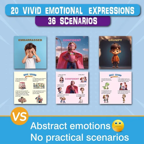 Vista 2 de 20 emociones típicas estados de ánimo y 36 escenarios escolares familiares, habilidades de afrontamiento, inteligencia emocional, colorido, gráfico