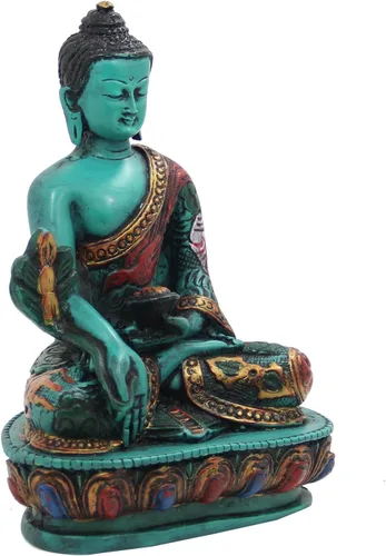 Vista 3 de DharmaObjects Estatua de Buda de medicina curativa tibetana pintada a mano Nepal (5 pulgadas, verde)