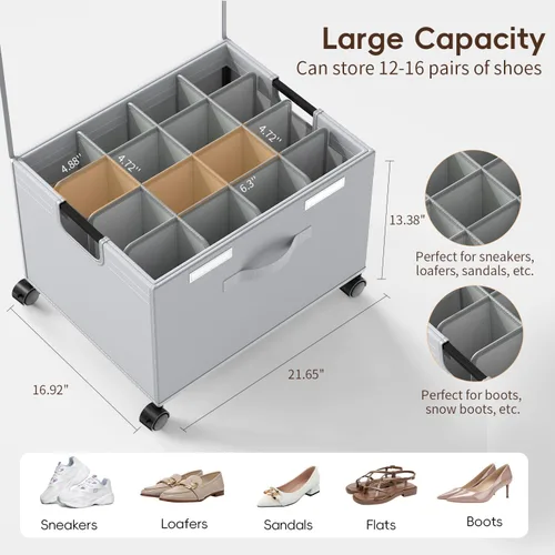Vista 2 de HOUSE AGAIN Organizador de zapatos para armario, cajas de almacenamiento de zapatos con ruedas de 360°, marco de metal resistente que se adapta a