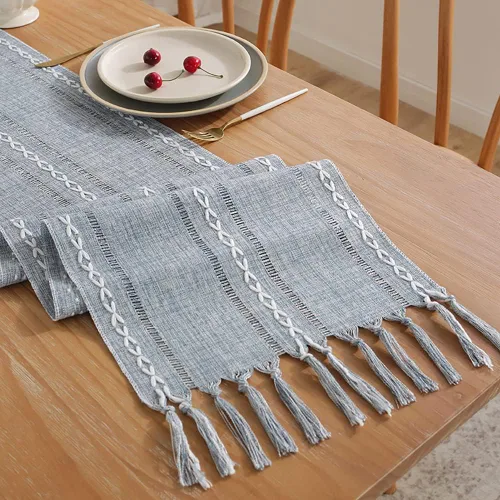 Vista 3 de Camino de mesa trenzado con borlas tejidas de macramé, camino de mesa para comedor, mesa rectangular al aire libre, decoración de fiesta