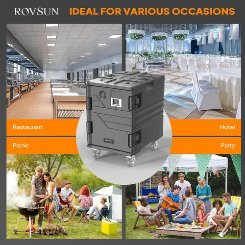 Vista 13 de ROVSUN Caja Calentadora de Alimentos, Porta Comida Aislada con Ruedas Bloqueables Dobles Hebilla y Asas, Cajas Calientes Apilables para Restaurante