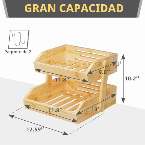 Vista 3 de Cesta de frutas de bambú de 2 niveles para encimera de cocina, encimera de almacenamiento de frutas de gran capacidad, soporte para frutas
