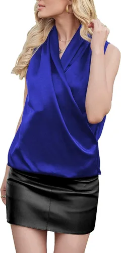 Vista 4 de LYANER Elegante blusa sin mangas con cuello en V envolvente de satén para mujer