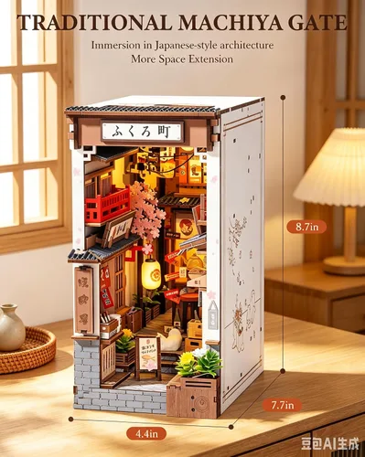 Vista 5 de Rolife Kit de Rincón de Libros Sakura Wine Alley, Rompecabezas de Madera 3D Booknook para Decoración de Estantería, Tema Sakura de Inspiración