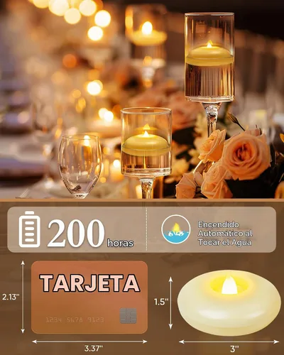 Vista 2 de Homemory Paquete de 6 velas flotantes LED sin llama de 3", 200 horas de duración con pilas, luces de té parpadeantes impermeables para jarrones