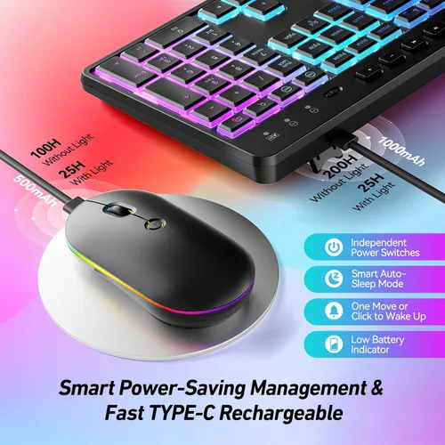 Vista 5 de Combo de teclado y mouse inalámbricos con retroiluminación, teclado recargable de 2.4 GHz con soporte para tableta de teléfono, 11 teclas de acceso
