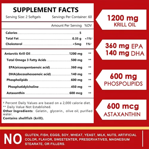 Vista 6 de Nature TARGET Aceite de krill de 1200 mg con omega-3 EPA y DHA con astaxantina, fosfolípidos y colina, apoya el corazón, el cerebro, la salud, sin