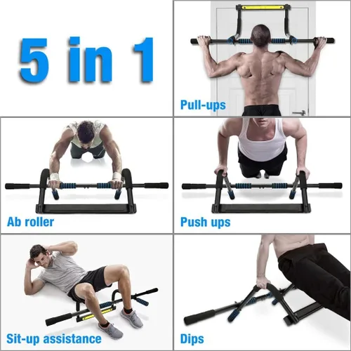 Vista 4 de Barra de dominadas ajustable de 33.5 in para marco de puerta, 220.5 lbs, sin tornillos, robusta con espuma para entrenamiento, fitness