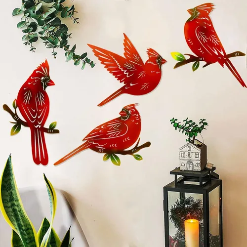 Vista 7 de Paquete de 4 piezas de arte de pared cardenal de metal, decoración de pájaros de metal 3D, adornos hechos a mano, pájaro rojo ágil, regalos