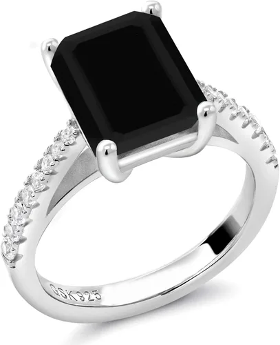 Vista 2 de Gem Stone King Anillo de compromiso de plata de ley 925 con ónix negro y zafiro blanco para mujer piedra natal de 339 quilates corte esmeralda
