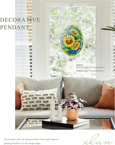 Vista 2 de XLAN Atrapasoles ovalados de girasol, colgantes de vitral, colgante decorativo de atrapasoles, decoración hecha a mano, regalos para familiares