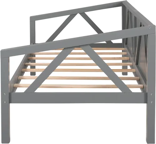Vista 5 de Merax Marco de cama de día de madera de granja con soporte de listones de madera, sofá cama con patas resistentes, no necesita somier, tamaño Gris